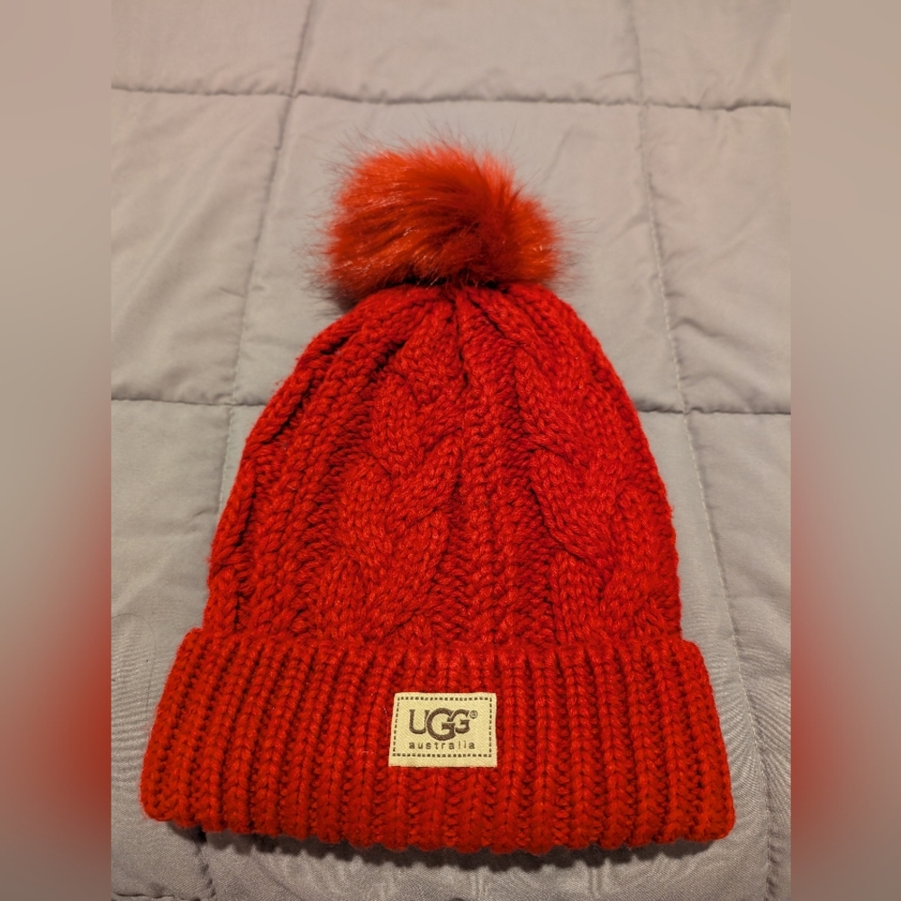UGG Red Knit Faux Fur-Lined Beanie